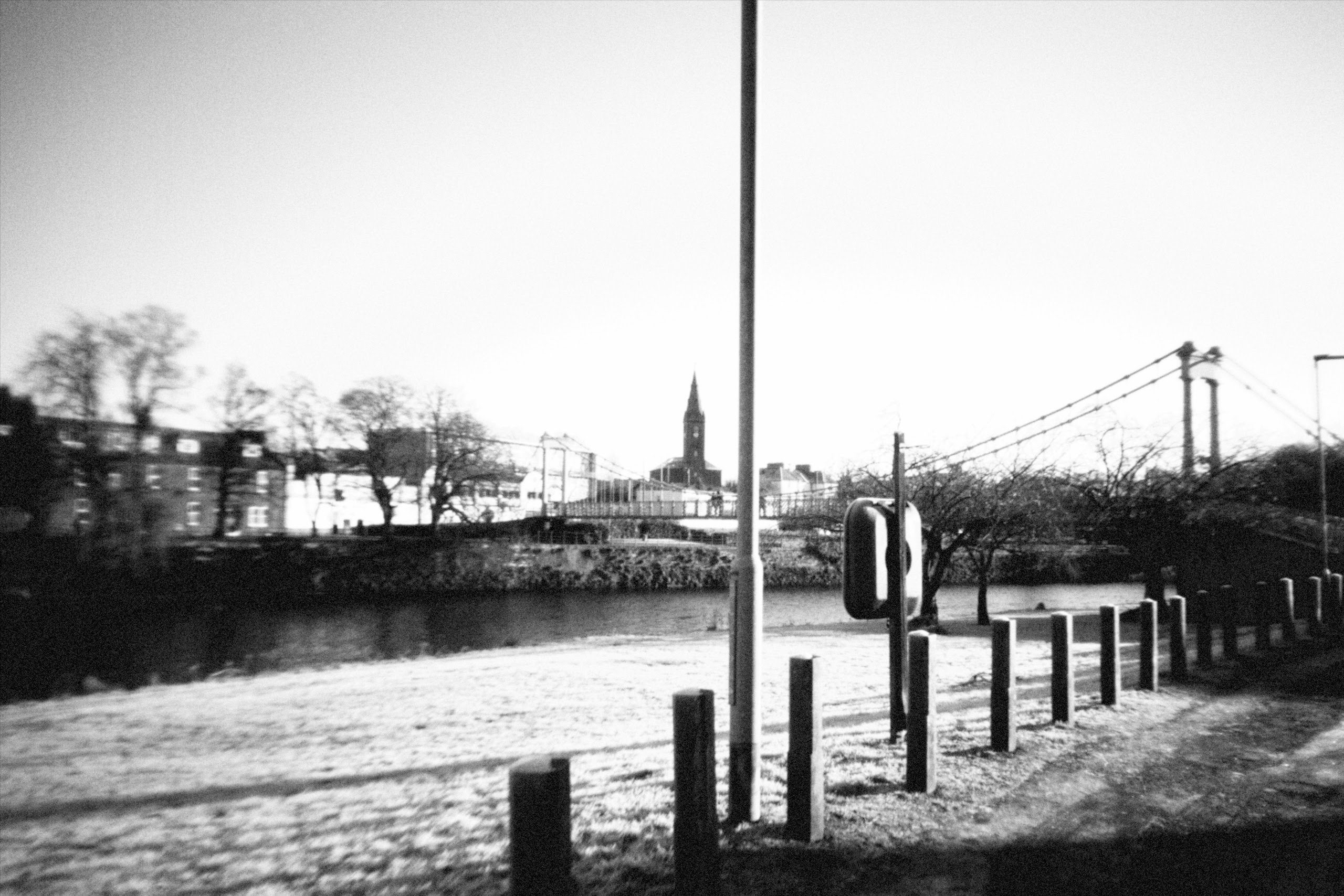 Flashback shot of Suspension Bridge using flashbackmonoc "film"