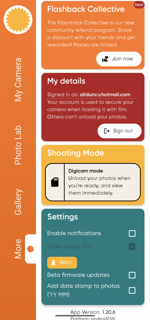 Settings mode on the Flashback app